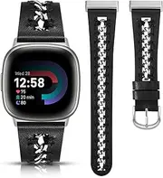 Minyee Leather Band Compatible with Fitbit Versa 4/3/Fitbit Sense 2/1 Bands Women, Dressy Premium Leather Designer Strap with Stainless Steel Metal Chain for Versa 3 4 Sense 2 Smartwatch