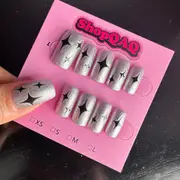 Iridescent Black Cat Eye Four-Point Starburst Short Press-On Nails - Handcrafted Y2K Celestial Nail Art