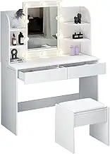 Dressing Table Stool Set with Led Light Makeup Vanity Table 2 Drawers Storage Shelves Mirror White Bedrom Furniture