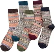 [Attria] 5 Pairs Wool Socks for Women Vintage Winter Warm Socks Nordic Thick Knit Cabin Cozy Crew Soft Hiking Socks