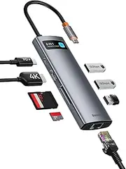 Baseus 8 in 1 USB C Hub Adapter with 4K HDMI, Gigabit Ethernet, 100W PD, 3 USB A 3.0, SD/TF Card Reader, USB Docking Station for Laptop MacBook Pro/Air, Surface Pro, iPad Pro, Dell, Steam Deck etc
