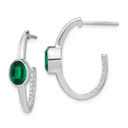 14k White Gold Oval Created Emerald and Real Diamond J-Hoop Earrings