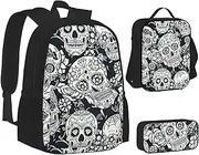 [ERCgad] Floral Skull Print Canvas 3-In-1 School Bags Set Backpack Lunch Bag Pencil Case Combo For Men Women, Black, One Size