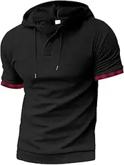 [VgueElegc] Men's Fit Baggy Soft Tops Gym Workout Hooded Sweatshirt V-Neck Short Sleeve Hoodie T-Shirt, Black, Small