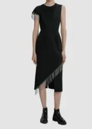 $1695 Christopher Kane Womens Black Crystal Chain Asymmetric Dress Size IT38 US2