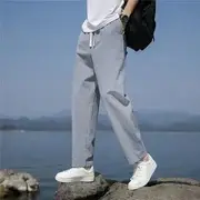 Drawstring Waist Plain Straight Leg Pants Light Gray - XL