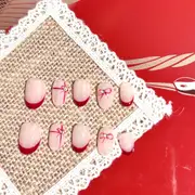 Christmas Gift Bow French Press-On Nails - Hand-Painted Square-Round Shape