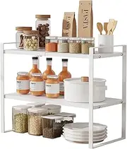 Uandhome 2 Tier Expandable Cabinet Shelf Organiser Storage Rack, Kitchen Cabinet Organizer Shelf, Cupboard Stand Spice Rack, Stackable Plate Pantry Shelves Space Riser for Kitchen Bathroom