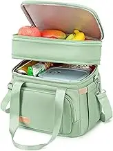 MAPLELILY Lunch Box for Men Women - Double Deck Insulated Lunch Bag, Large Leak Proof Tote Cooler, Wide Open Dual Compartment Lunch Bags with Shoulder Strap, For Work Picnic Hiking Beach, Green