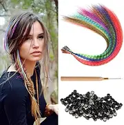 Kootinn Hair Feathers Extension Kit - 13 Colors Mixed Colors Colored Synthetic Feather Hair Extensions Kit (Not Real Feather) with 100 Pcs Silicon Micro Link Beads 1 Crochet Hook Tools Kit (17 Inch)