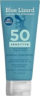 Blue Lizard SENSITIVE Mineral Sunscreen with Zinc Oxide, SPF 50+, Water Resistant, UVA/UVB Protection with Smart Cap Technology - Fragrance Free, 3 oz. Tube