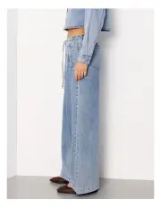 [Grab Denim] Wide Leg Elastic Waist Denim Pants in Light Vintage Blue