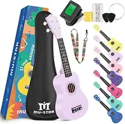 MUSTAR Soprano Ukulele for Beginners Kit - 21 Inch Basswood Ukuleles for Kids Adults, Beginner, Ukulele Pack With Gig Bag, Digital Tuner, Strap, Purple Ukuleles Set