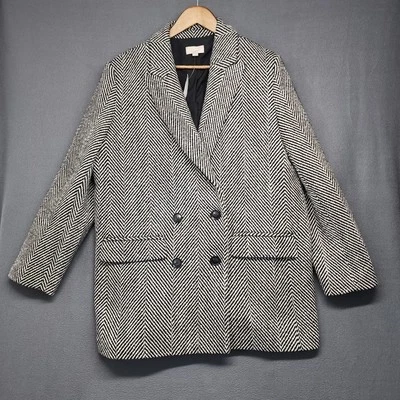 Ann Taylor Loft Coat Women 18 Black Stripe Wool Blend Double Breasted Preppy NEW