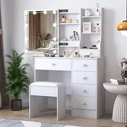 Umeiga Vanity Table with Mirror, Makeup Vanity Desk and Chair Vanity Table Set with Lighted Mirror, 6 Drawers Shelves & Stool, Girl's Makeup Table, Bedroom Furniture Vanity Set, White