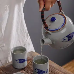手繪陶瓷提梁壺功夫茶具套裝家用餐廳大容量涼水壺帶過濾泡茶壺杯 茶具組 泡茶器具