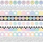 FYSUIMU 82Ft Pastel Boho Bulletin Board Border Colorful Smile Face Flower Adhesive Border Trim for Classroom Chalkboard Wall Decor