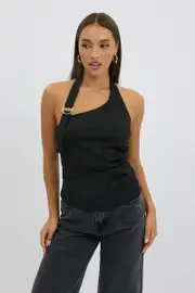 Black Gathered Asymmetric Top Sleeveless Buckle Detail - Size 12M, Women's Cami