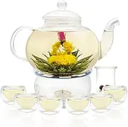 Glass Teapot Set, 27OZ/800ML Stovetop Safe Glass Tea Kettle with 6 Small Double Wall Tea Cups & Loose Tea Infuser & Tea Warmer, Microwave & Dishwasher Safe Tea Maker, Blooming Tea Gift Set for Women