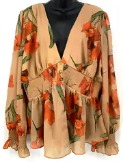 Skylar Rose Top Plus 22 Peach Floral Long Sleeve Smocked Empire Sheer Women New