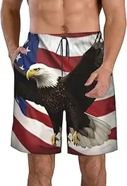[FJWSLCH] American Flag Fly Eagle Men's Swim Trunks Quick Dry Swimming Board Shorts Drawstring Hawaiian Beach Shorts