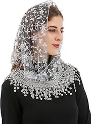 [PAMOR] Triangle Lace Veil Catholic Church Mantilla Cathedral Head Covering Chapel Veil for Mass Wedding Bridesmaids with Free Hairclip (black)