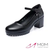 在飛比找momo購物網優惠-【MOM】真皮跟鞋 粗跟跟鞋 一字跟鞋/真皮淺口防水台一字繫