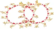 [Samyuktha] Pink Crystals Beaded Crescent Shape Kundan Drop Anklets (2 Payals) For Women, Adjustable, Metal, no gemstone