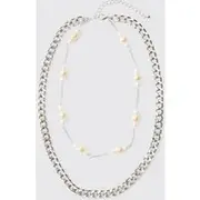 Mens Silver Mock Pearl Charm Chain Necklace