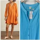 NWT Magaschoni 100% Organic Cotton Gauze Peasant Dress Large Blue Boho Hippie