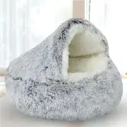 Pet Dog Cat Bed Round Plush Kitten Warm Soft Sleeping Nest Igloo Cave Mat House Grey 60*60 cm
