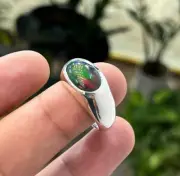 Black Opal Stone Ring Natural Black Greenish Multi Fire Color Ethiopian Opal