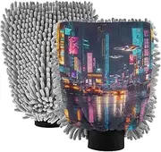 XYMZR Cyberpunk City Landscape Absorbent Microfiber Car Wash Mitt, Funny Cute Anime Scratch Free for Cars Cleaning, Home Cleaning Mitts, 2 Pack, 10.24” L x 7.09” W