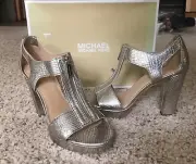 Women's Michael Kors Berkeley Sandal Silver Chunky Heel Shoes Sz 9.5 New in Box