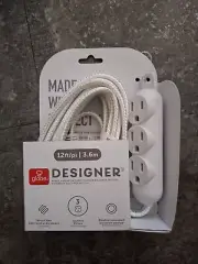 Globe - Fabric Covered Designer Extension Cord 3 Outlet - White - 12 Feet *22