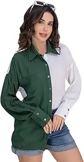 [Moomaya] Women's Chic Color Block Shirt | Casual Crinkle Rayon Button-Down Top with Classic Collar & Long Cuffed Sleeves