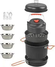 DAWNTREES 9 Piece Camping Cookware Set Camping Gear, Compact Steamer Set for Camping, Backpacking, Outdoor Cooking and Hiking Picnics
