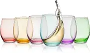Colored Wine Glass Set, Large 12 oz Glasses Set of 6, Unique Italian Style Tall Stemless for White& Red Wine, Water, Margarita Glasses, Color Tumbler, Gifts, Viral Beautiful Glassware (Stemless)