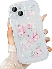 UEEBAI Wave Butterfly Case for iPhone 15 Case, Pretty Bling Star Butterfly for Women Cute Shiny Glitter Phone Cover for Girls Bling Clear Cover Curly Shockproof Girly Shell - Clear