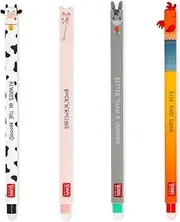 Legami - Set of 4 Farm Sweet Farm Erasable Gel Pens, Pens with Thermosensitive Erasable Ink, Black, Pink, Green, Red, Erases Without Consuming the Sheet, 0.7 mm Tip