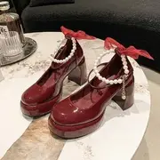 Chunky Heel Faux Pearl Ankle Strap Patent Leather Mary Jane Pumps Red - 35