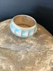 Mens Blue Turquoise & Opal Navajo Sterling Silver Inlay Ring Size 10 12570