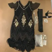 Women's Large Black & Gold Sequin Fringe Flapper Dress & Accessory Set 9 Pieces
