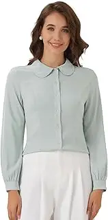 [Allegra K] Women's Button Up Shirt Career Peter Pan Collar Long Bishop Sleeve Blouse, Pea Green, XL