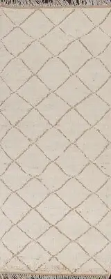 Trellis Ivory Moroccan Berber Oriental Runner Rug Plush Wool Hand-knotted 3x9 ft