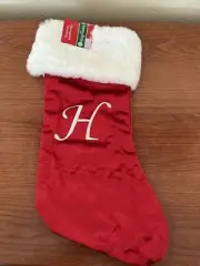 MONOGRAM INITIAL “H” CHRISTMAS STOCKING LARGE ￼RED + WHITE FLUFFY TRIM 17” NWT