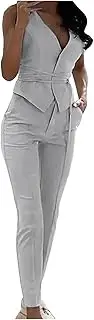 [WUANDIXFA] Blazers for Women Sleeveless Shirt and Slim Fitted Pants Temperament Blazer Sets Elegant 2 Piece Outfits