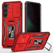 For Samsung Galaxy S24 Case PC+TPU Kickstand Smart Phone Back Protector with Slide Lens Lid