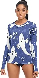 [RPLIFE] Whimsical Ghosts Deep Blue Women's Rash Guard Swim Shirt Ladies Rash Guard Tops, Cooling Long Sleeve Shirt Women