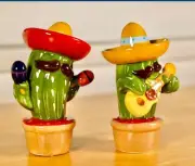 Blue Sky Fiesta Time Mariachi Cactus ￼Ceramic Salt and Pepper Shakers NIB
